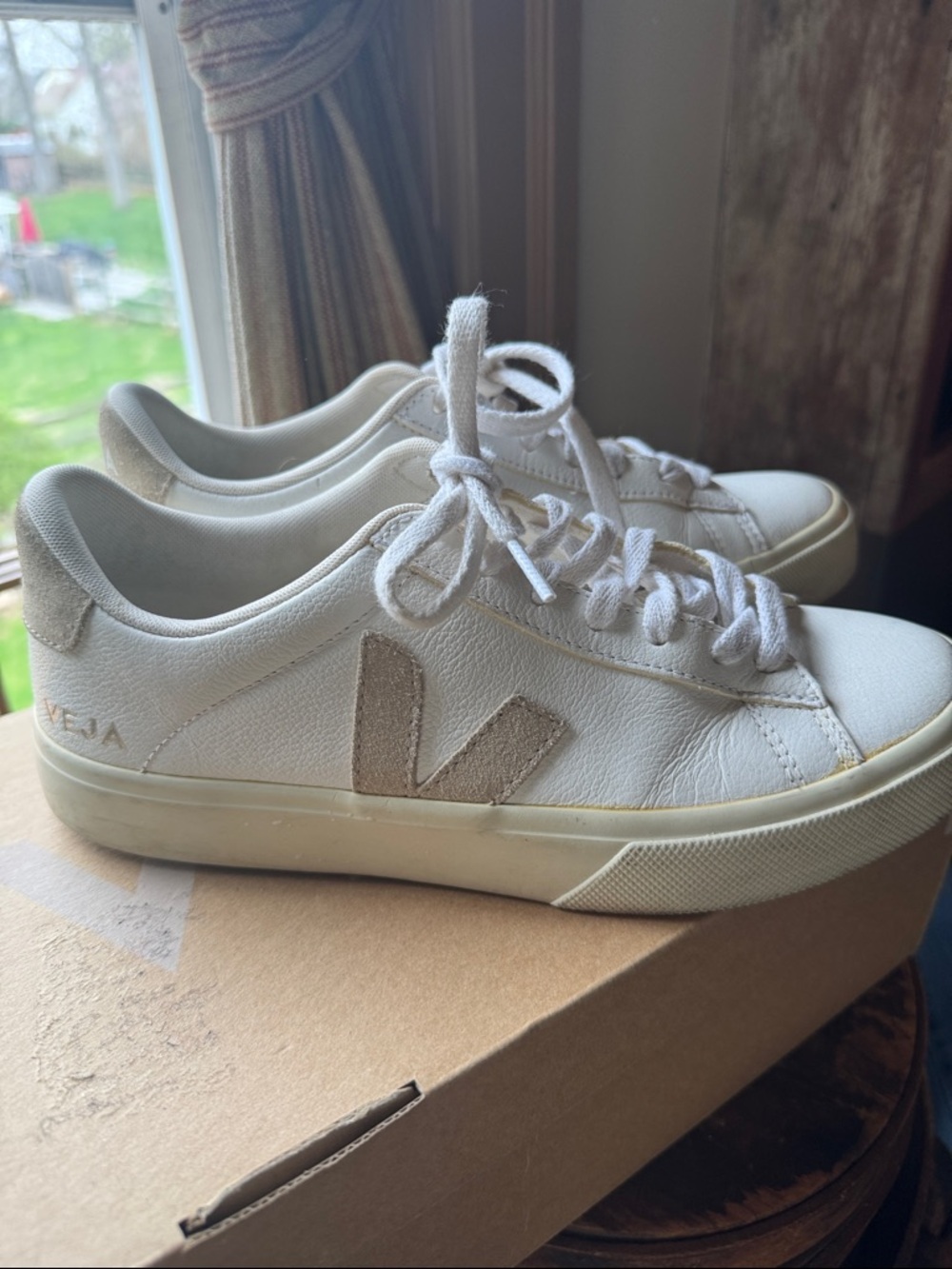 Veja Women’s Leather Sneakers in White with Tan V